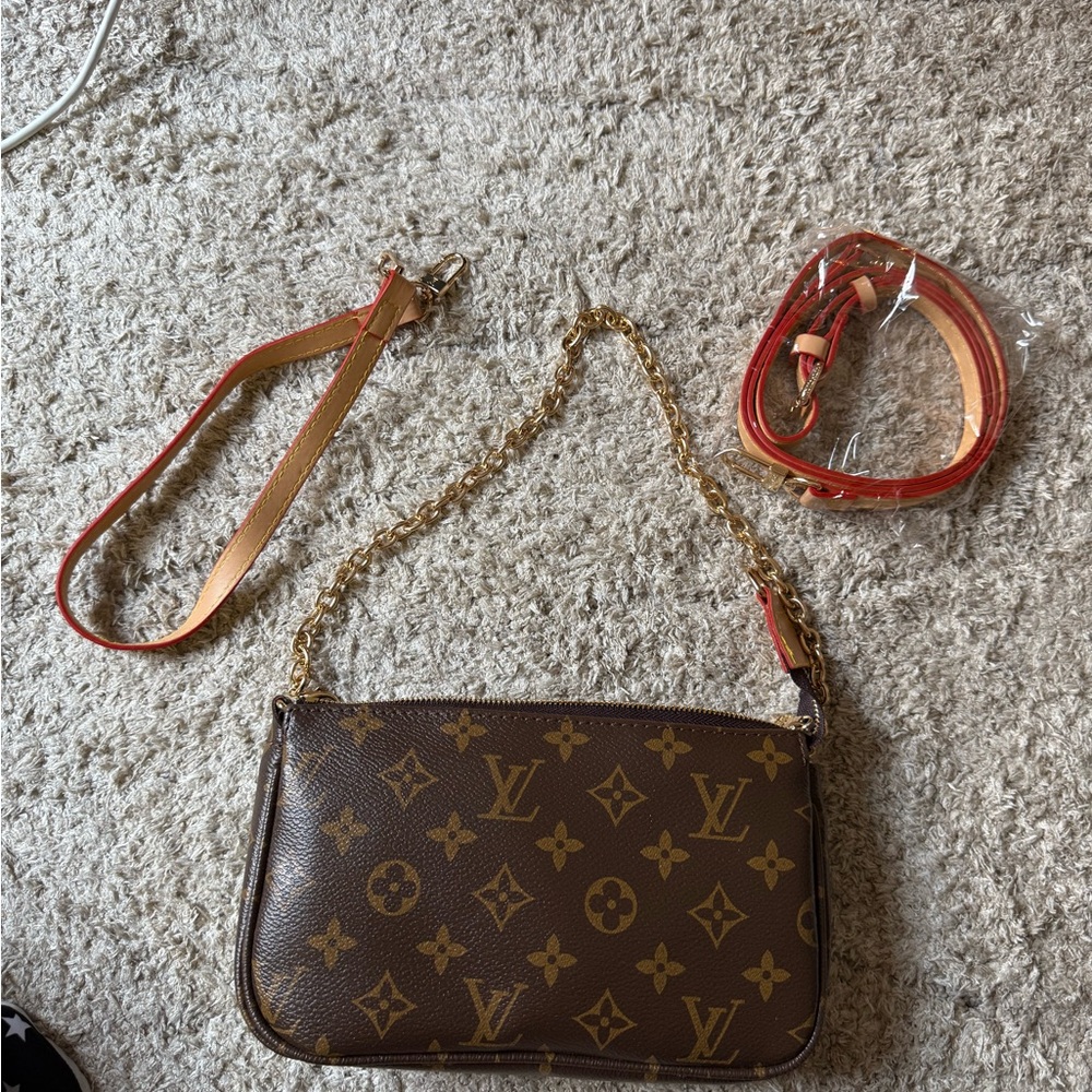 LV Brown Monogram Clutch shoulder crossbody with Gold Chain